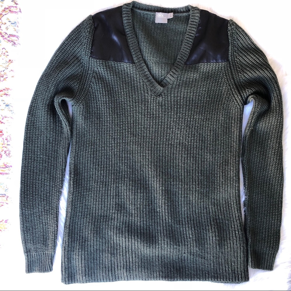 Asos Green Knit Sweater With Faux Leather Shoulder